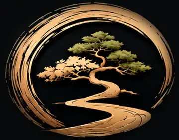 Ayumi Dō logo: a bonsai tree above a winding golden path inside a brushstroke circle